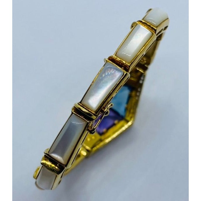 Denoir Diamond MOP Amethyst Topaz 18K Gold Chevron Bracelet 33.8 Grams