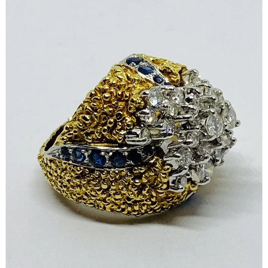 Heavy 18k Two Tone Gold 2.28TCW  VS Diamond Sapphire Cluster Texture Dome Ring