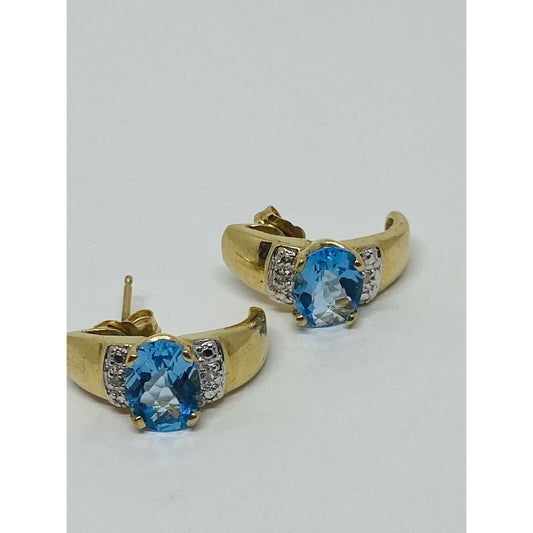 10K Yellow Gold Blue Topaz Diamond Earrings Half Hoop