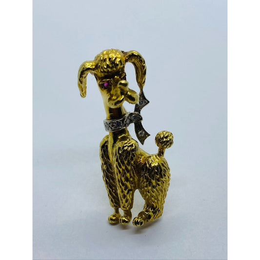 Signed Diamond Ruby 18K Gold Textured Poodle Dog Pin 15.3 Grams
