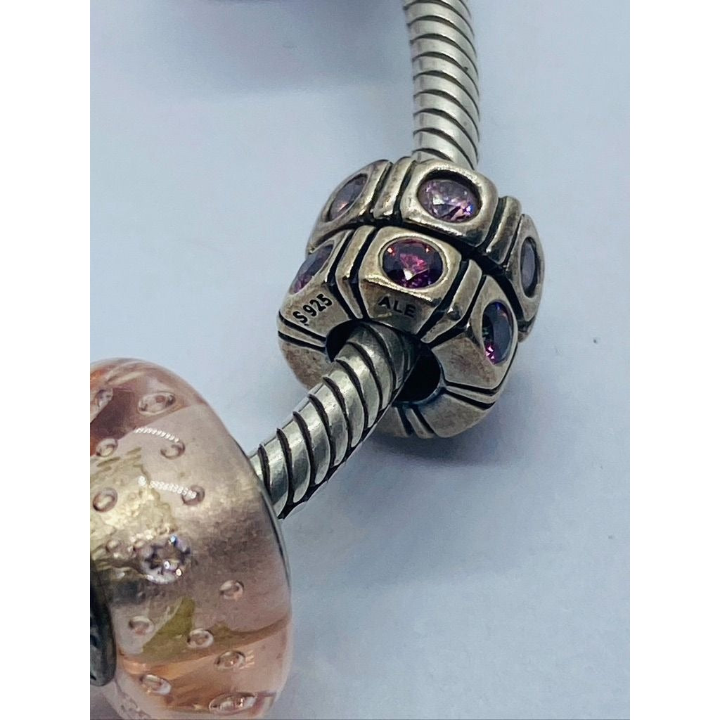 Authenitc Pandora Sterling Silver Bracelet With 9 Charms Pink Purple Theme