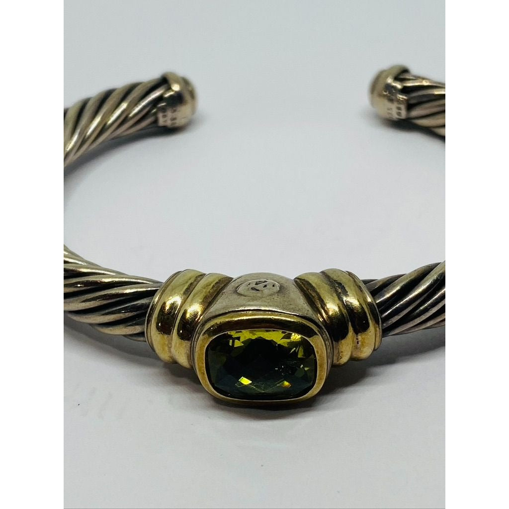 David Yurman Twisted Cable Cuff Bracelet 925 Silver & 14k Gold Peridot (chipped)
