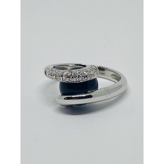 Estate Diamond Onyx 18K White Gold Bypass Ball Cocktail Ring 7.6 Grams