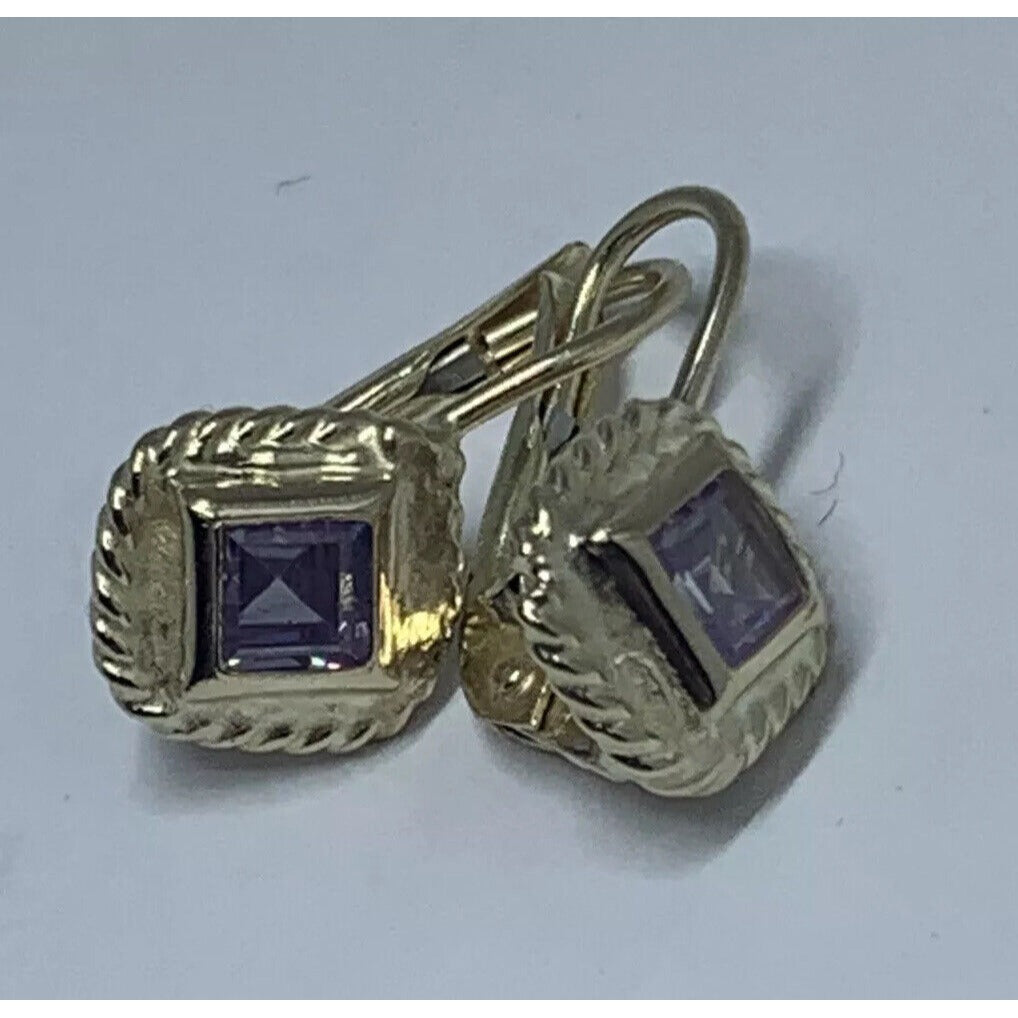 14K GOLD FRAMED PRINCESS CUT AMETHYST EARRINGS 7.5MM