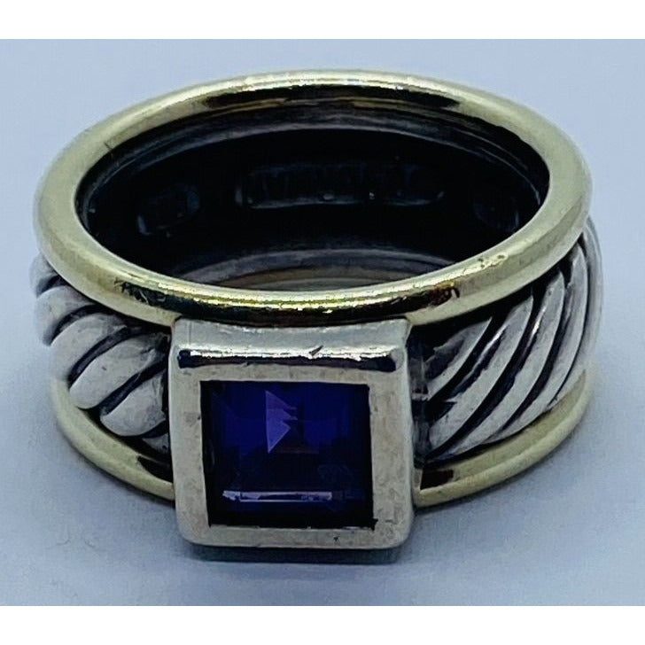 David Yurman Sterling 14K Yellow Gold Cigar Cable Ring Amethyst Band 5.75