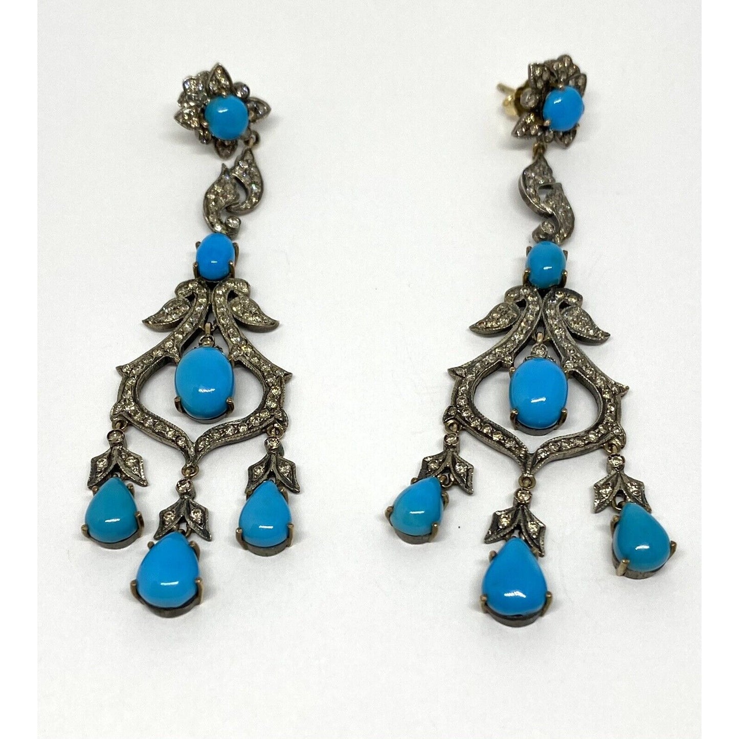 Diamond Turquoise Silver 14K Gold Filigree Long Drop Earrings 16.9 Mint!