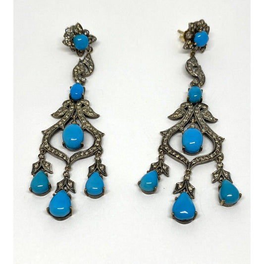 Diamond Turquoise Silver 14K Gold Filigree Long Drop Earrings 16.9 Mint!