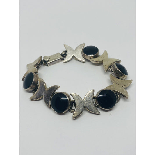 Mexico  Taxco Sterling Silver Onyx Gemstone Bracelet Heavy  SIGNED TM-146