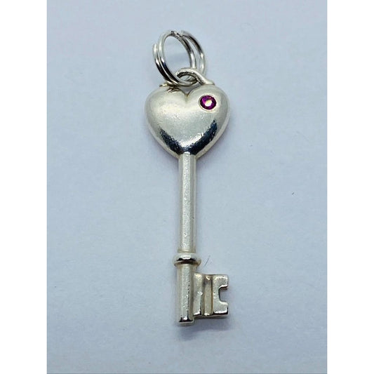 Tiffany & Co. Sterling Silver Pink Sapphire Heart Key Style Pendant 28MM
