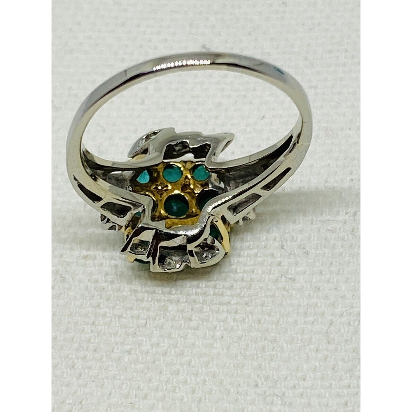 Vintage Diamond Emerald 18K White And Yellow Gold Cluster Ring