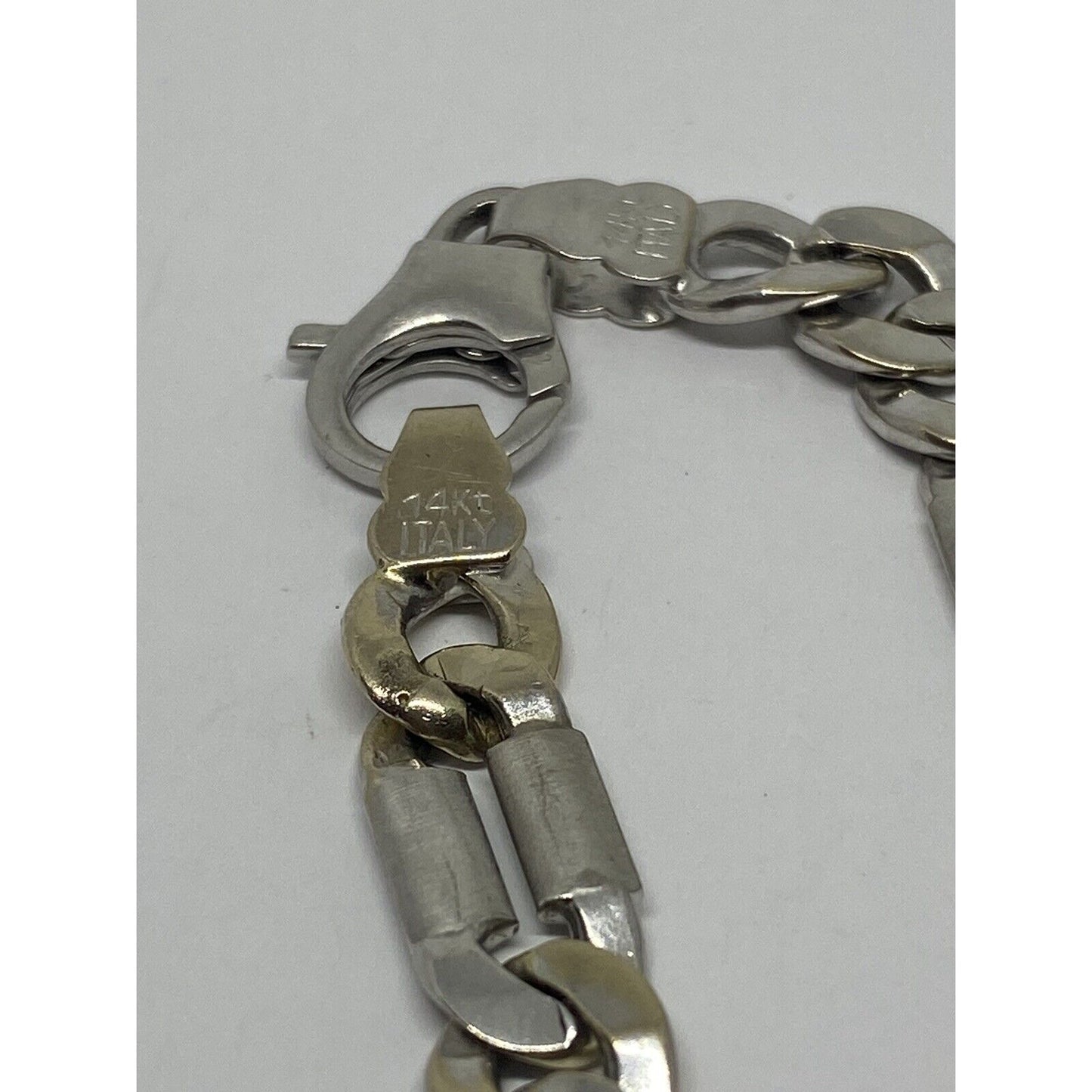 14k Men White Gold Brushed Link 7 3/4 Inch Bracelet  Dad Mens, Solid Links Italy