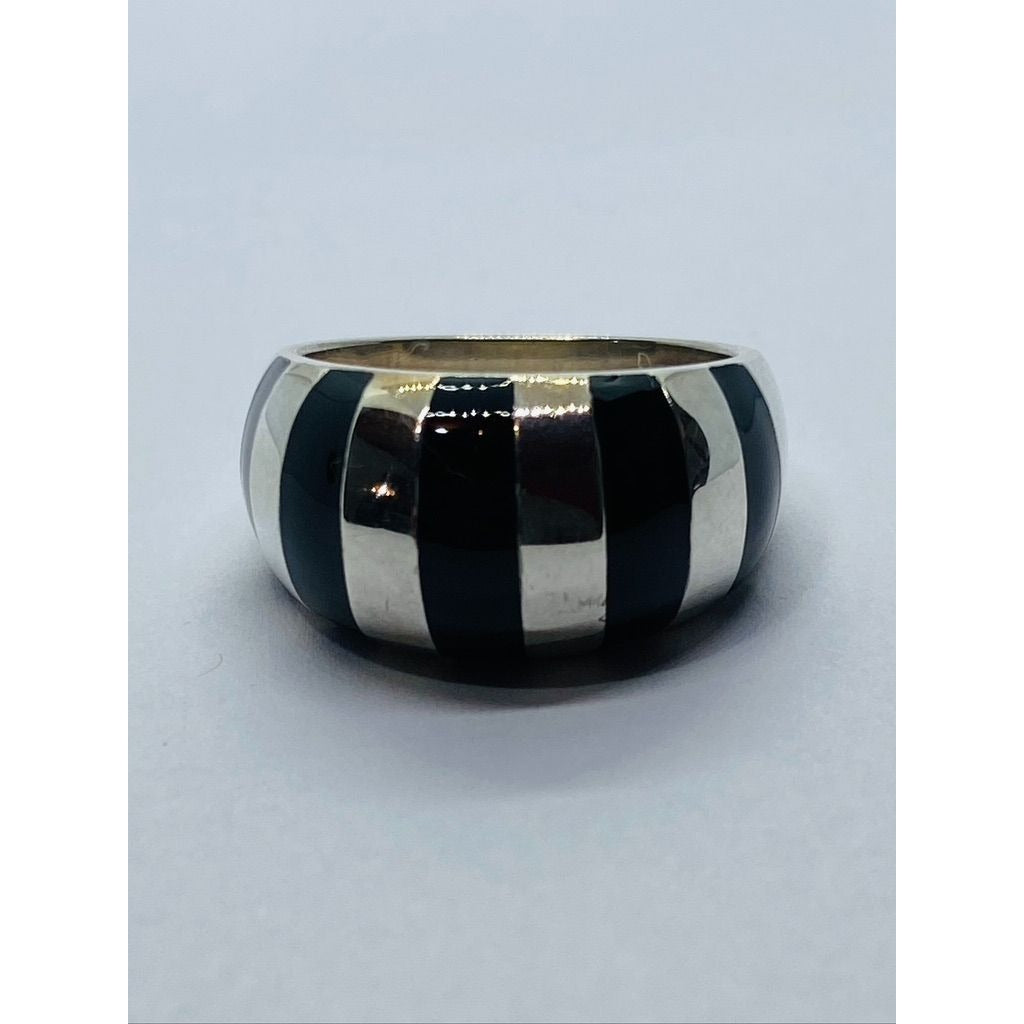 Tiffany & Co. Silver Black Enamel Stripe Dome Ring Size 6.5