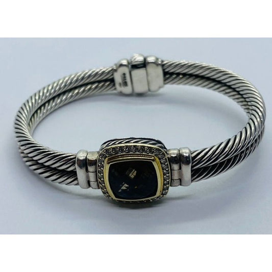 David Yurman 925 Silver 18K 750 Albion Double Cable Bracelet Topaz