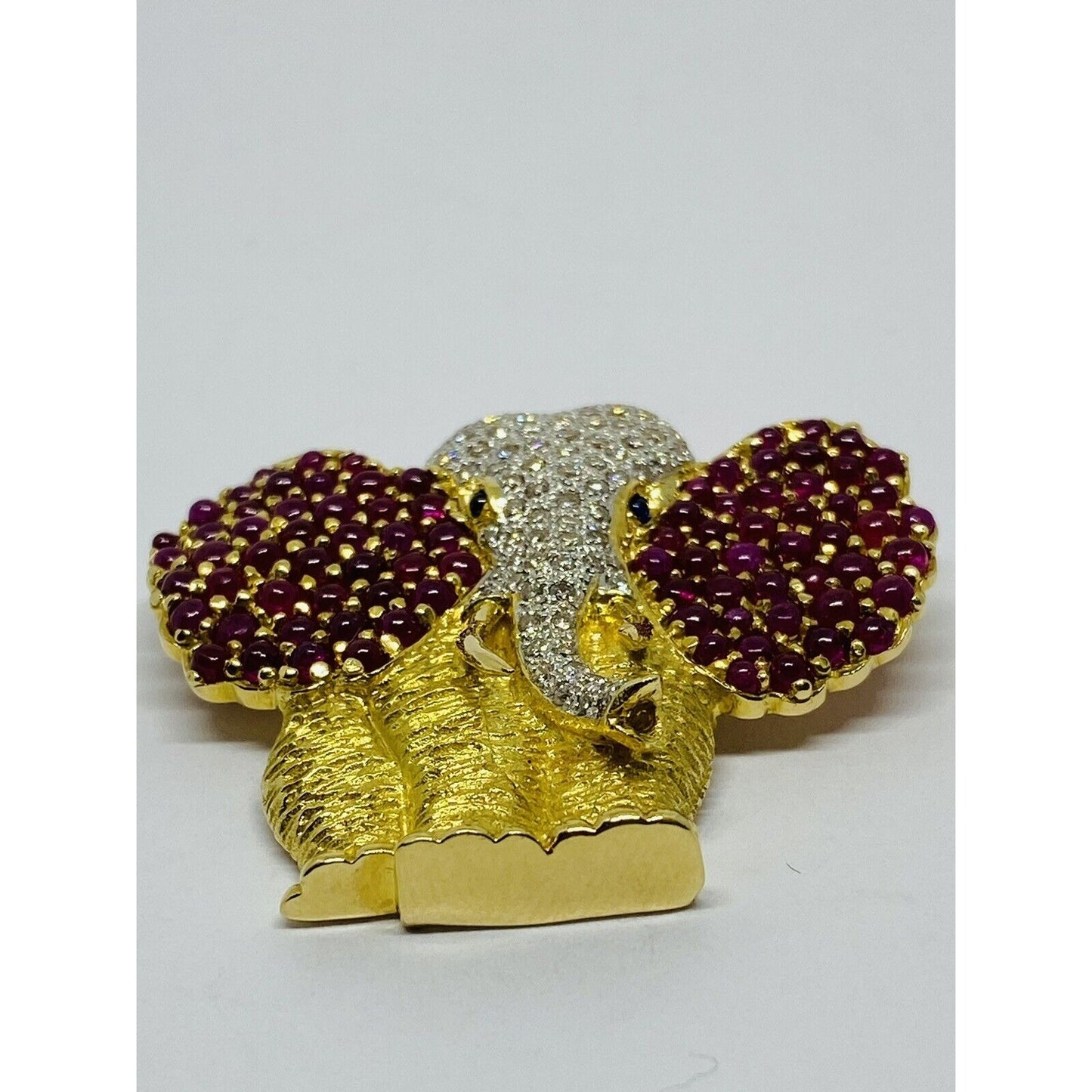 18k Solid Yellow Gold Elephant Brooch Pin With Natural Rubies Diamonds Sapphire