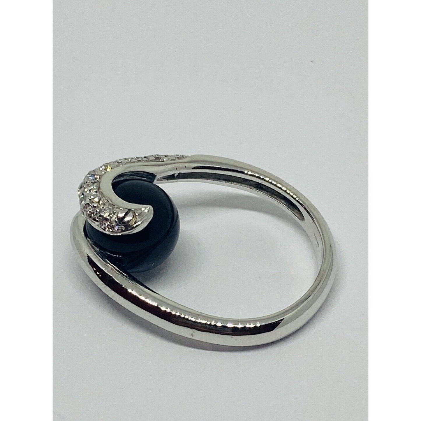 Estate Diamond Onyx 18K White Gold Bypass Ball Cocktail Ring 7.6 Grams