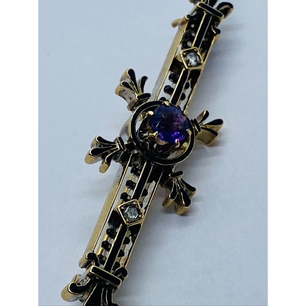 Tiffany & Co Victorian 14k Black Enamel Amethyst Diamond Brooch (READ)