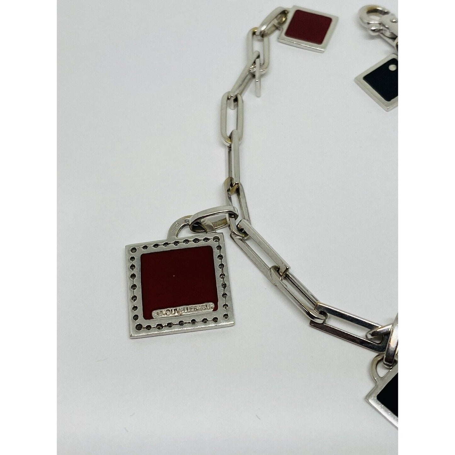 LA NOUVELLE BAGUE 0.22ct Diamond 18K Gold Square Charm Bracelet 7.25” RARE