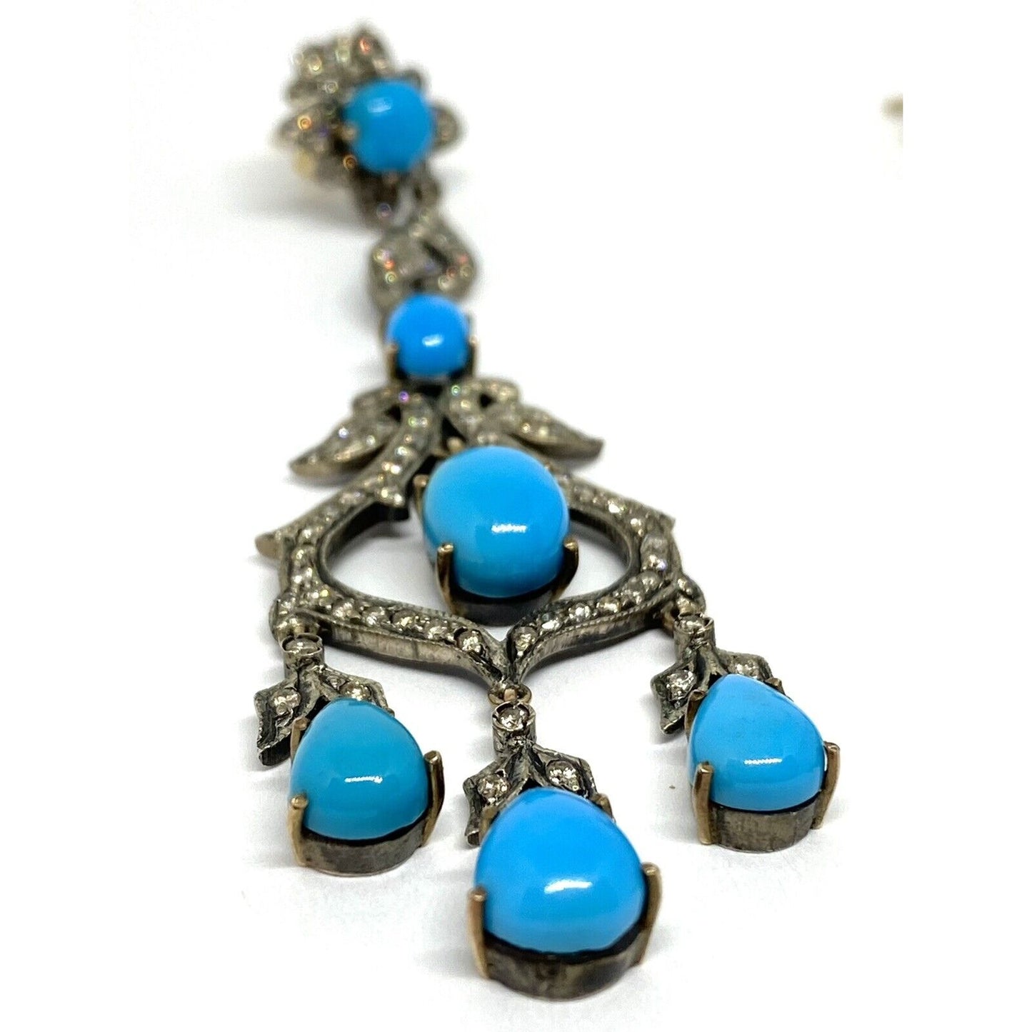 Diamond Turquoise Silver 14K Gold Filigree Long Drop Earrings 16.9 Mint!