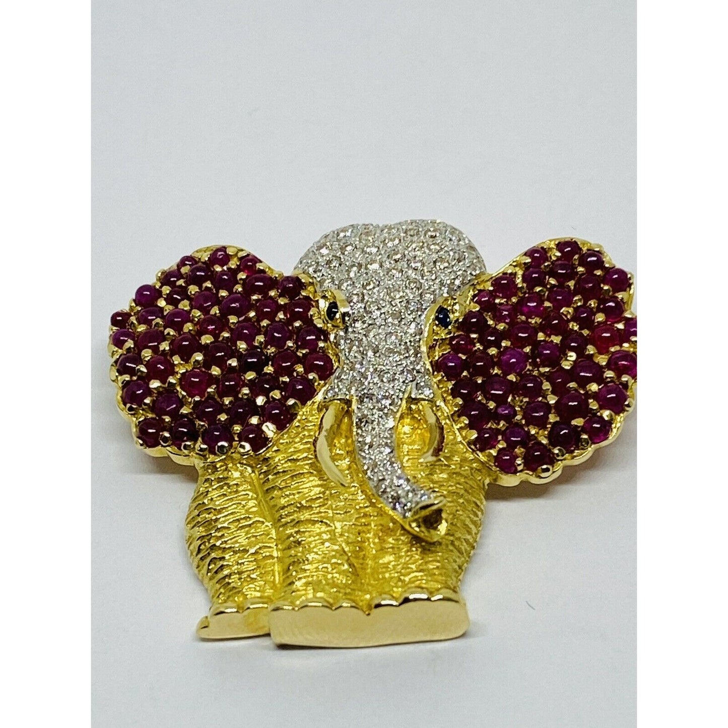 18k Solid Yellow Gold Elephant Brooch Pin With Natural Rubies Diamonds Sapphire