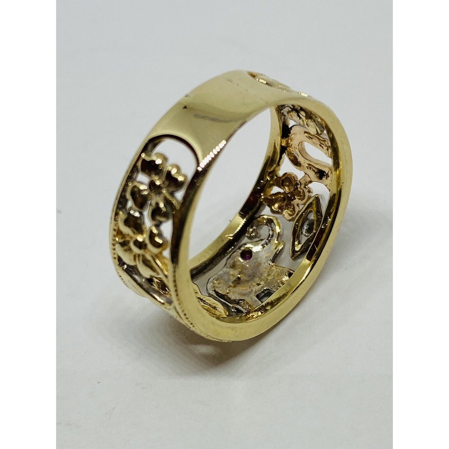 14K Solid Gold 10MM Wide Tri Color Good Luck Lucky Ring.  8.25 Ruby White Topaz