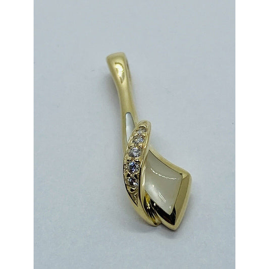 Kabana 14K Yellow Gold Mother Of Pearl Inlay Diamond Ribbon Slide Pendant 27MM