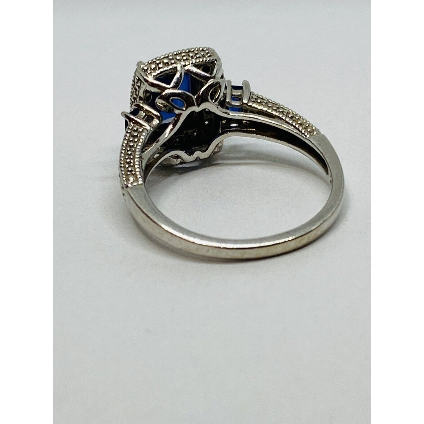 10k White Gold  Blue Sapphire & Diamond Halo Ring Signed FLI Size 6.75