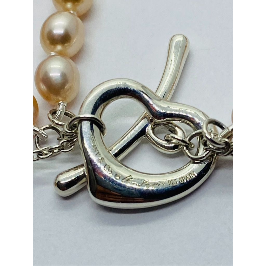 Tiffany & co. Elsa Peretti 3 Row Pink Pearl Heart Silver 925 Bracelet 7.5"