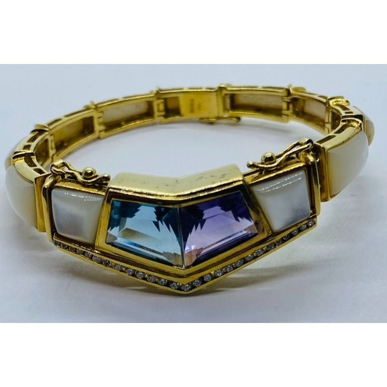 Denoir Diamond MOP Amethyst Topaz 18K Gold Chevron Bracelet 33.8 Grams