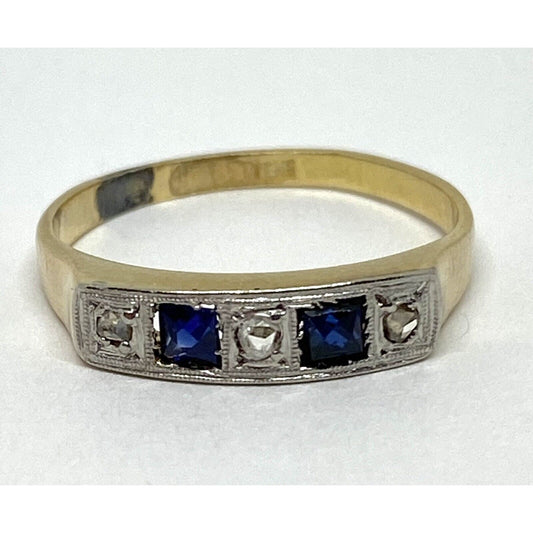 Estate Vintage Diamond Sapphire 18K Gold Two Tone Band Ring 3 Grams.