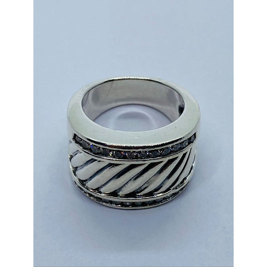 David Yurman Diamond Cigar Band Ring 5.75 Sterling Silver 21mm wide