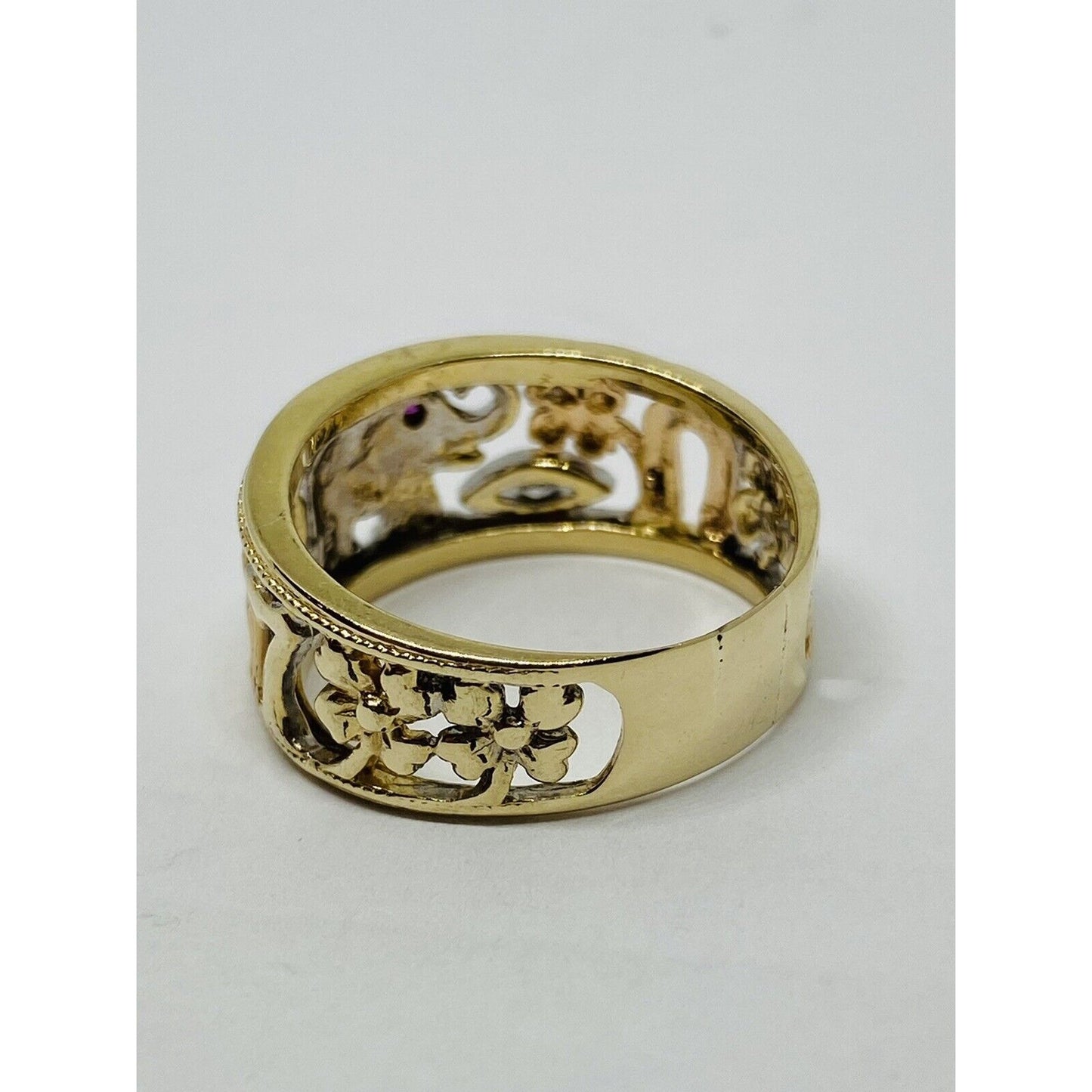 14K Solid Gold 10MM Wide Tri Color Good Luck Lucky Ring.  8.25 Ruby White Topaz