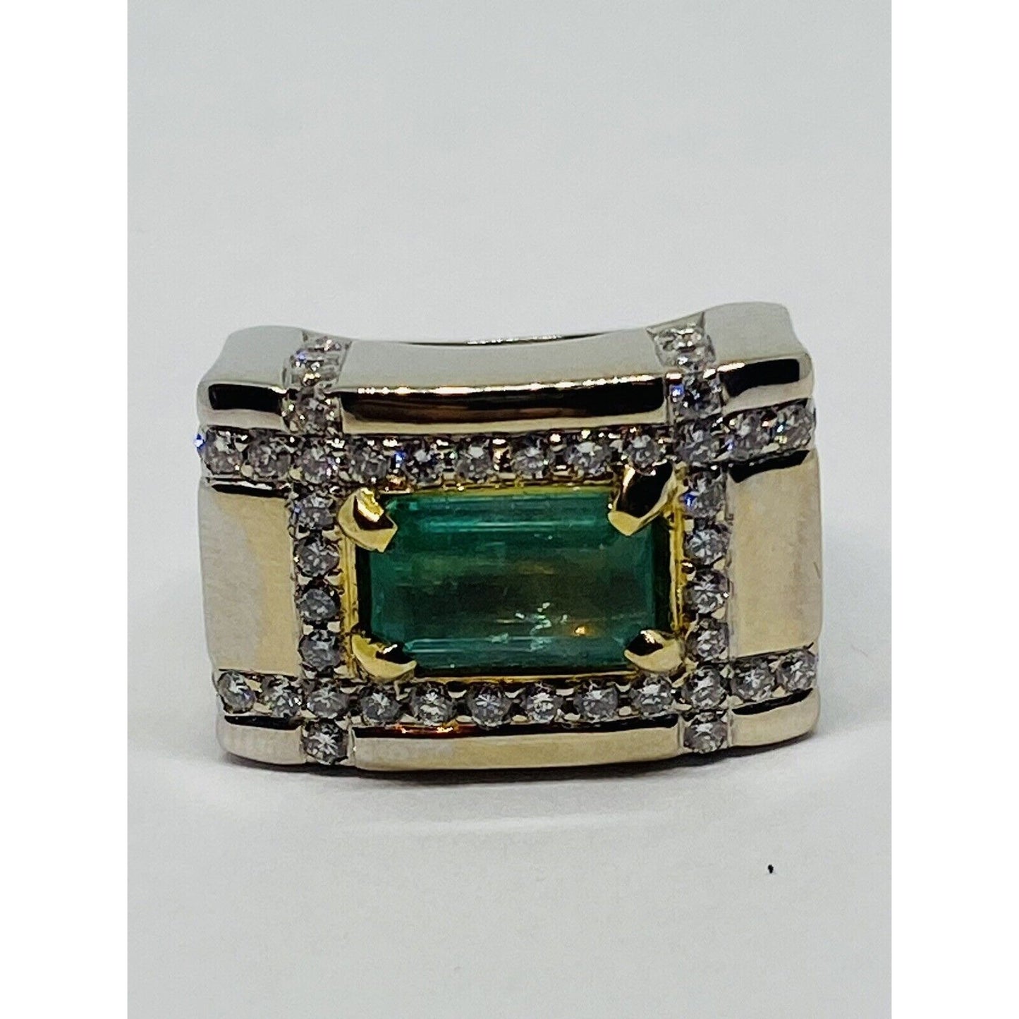 18K White Yellow Gold ASP SIGNED Emerald 3CT Diamond .90 Size 6.25 HEAVY