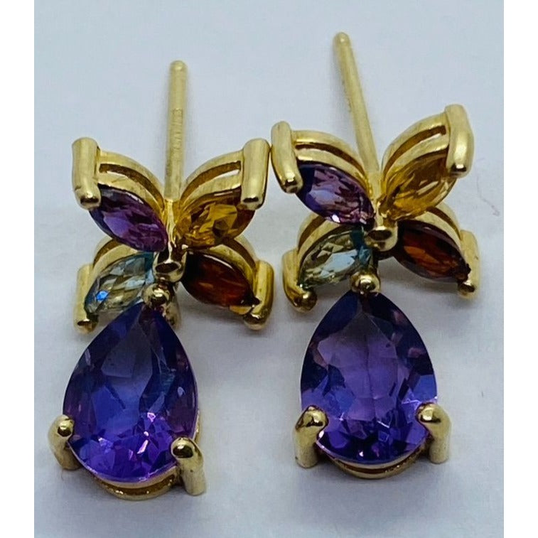 Solid 14K Yellow Gold Amethyst, Garnet, Citrine, Aquamarine Earrings
