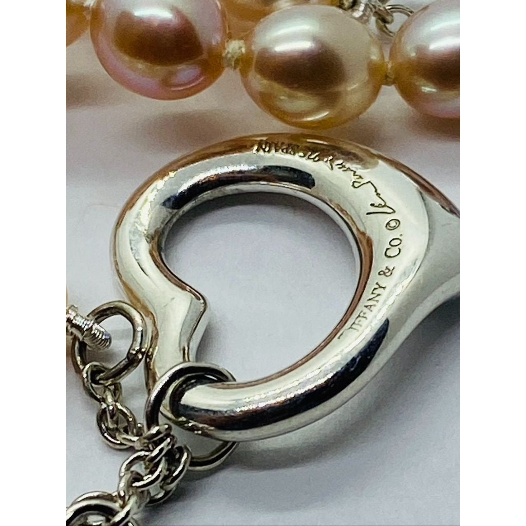 Tiffany & co. Elsa Peretti 3 Row Pink Pearl Heart Silver 925 Bracelet 7.5"