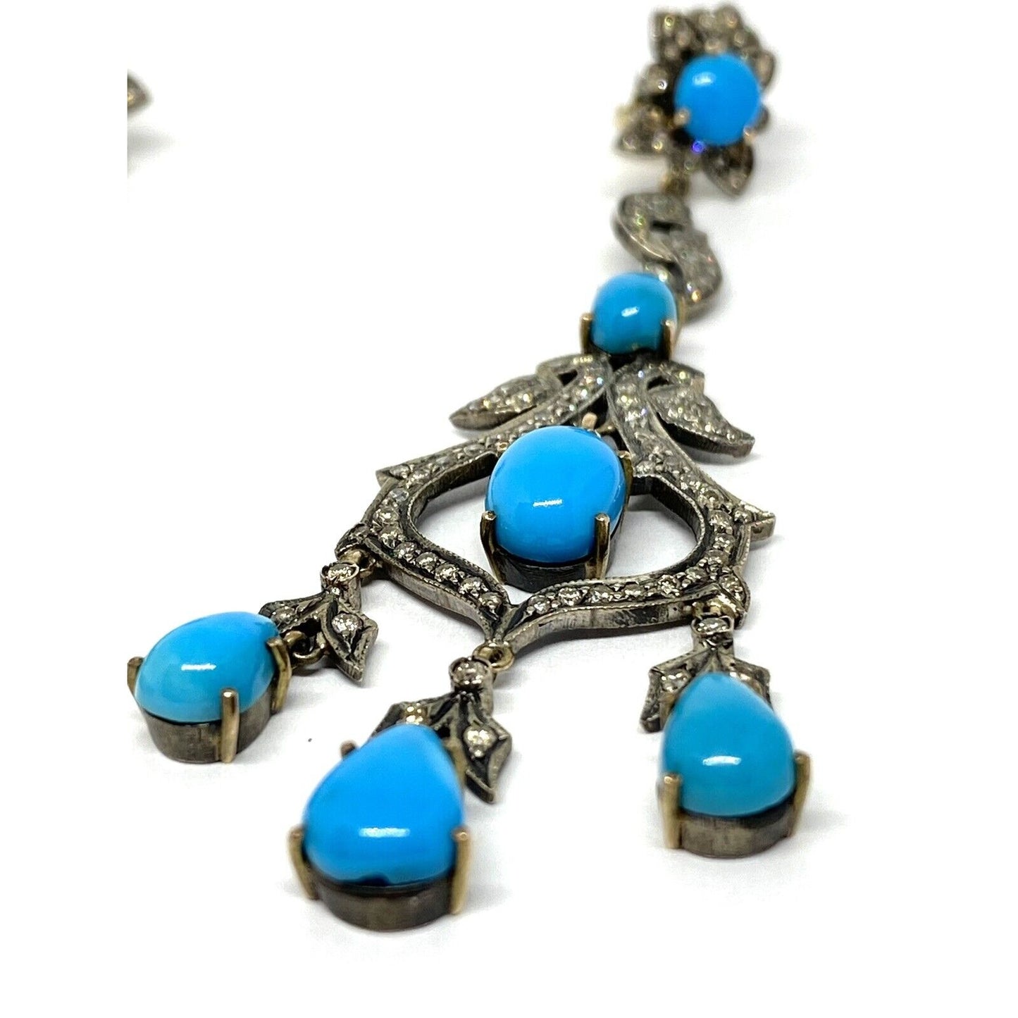 Diamond Turquoise Silver 14K Gold Filigree Long Drop Earrings 16.9 Mint!