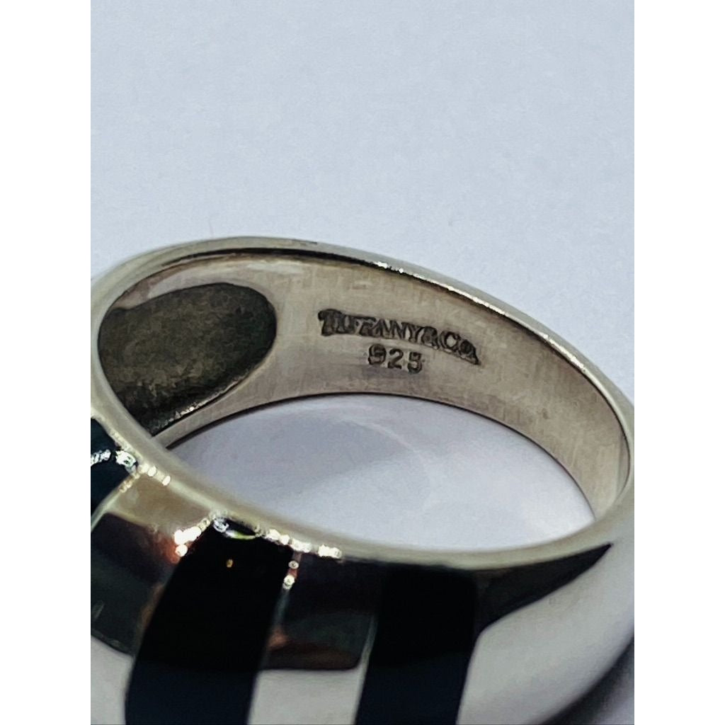 Tiffany & Co. Silver Black Enamel Stripe Dome Ring Size 6.5