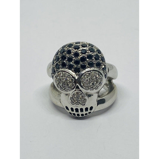 Heavy 14k white gold 1.09ct white and black diamond cluster skull ring size 4.5