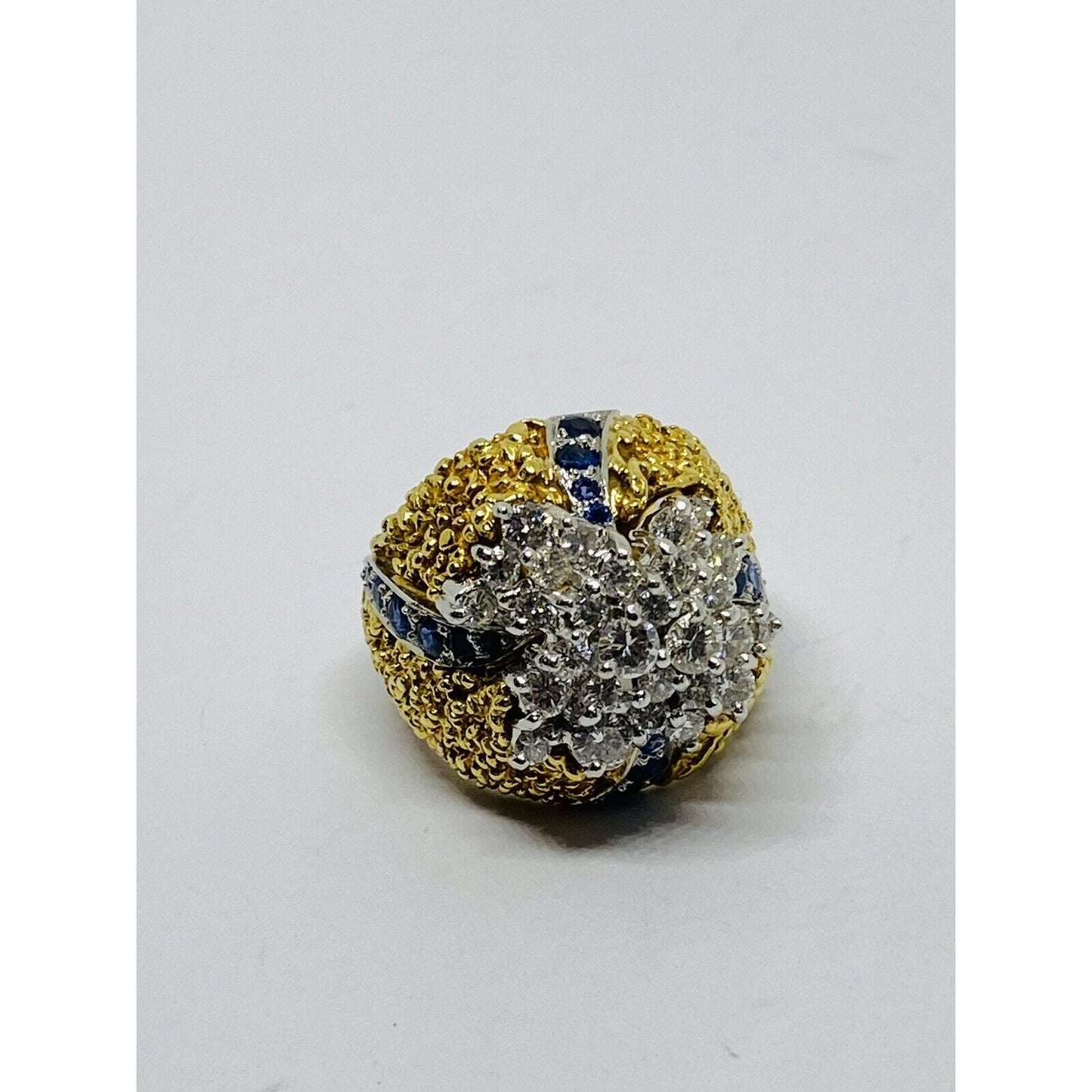 Heavy 18k Two Tone Gold 2.28TCW  VS Diamond Sapphire Cluster Texture Dome Ring