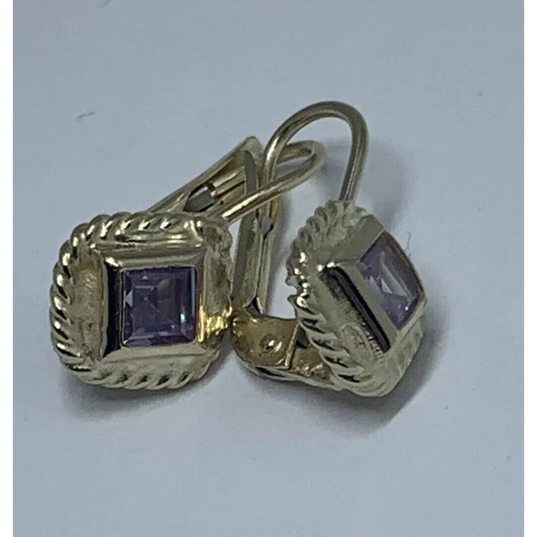 14K GOLD FRAMED PRINCESS CUT AMETHYST EARRINGS 7.5MM