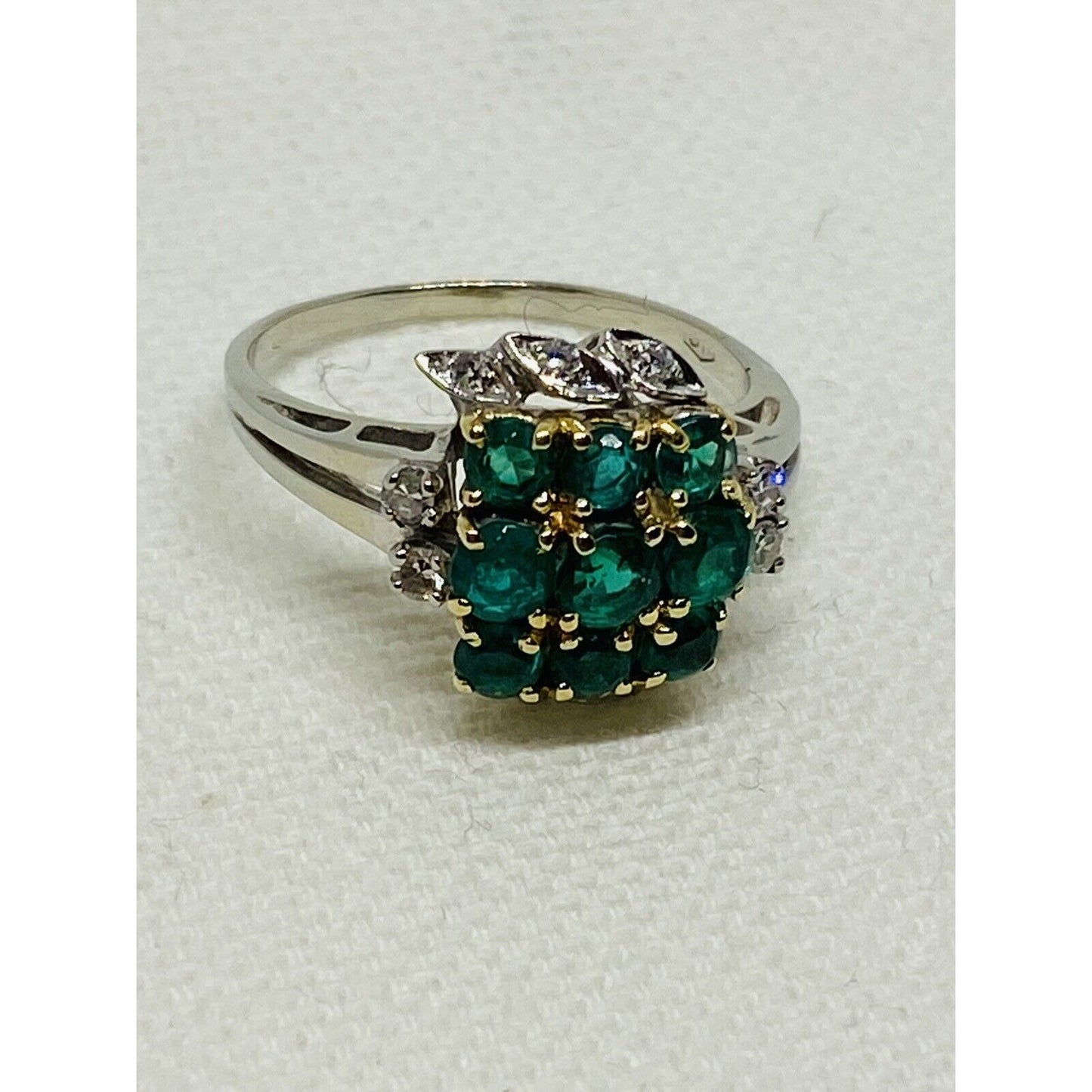 Vintage Diamond Emerald 18K White And Yellow Gold Cluster Ring
