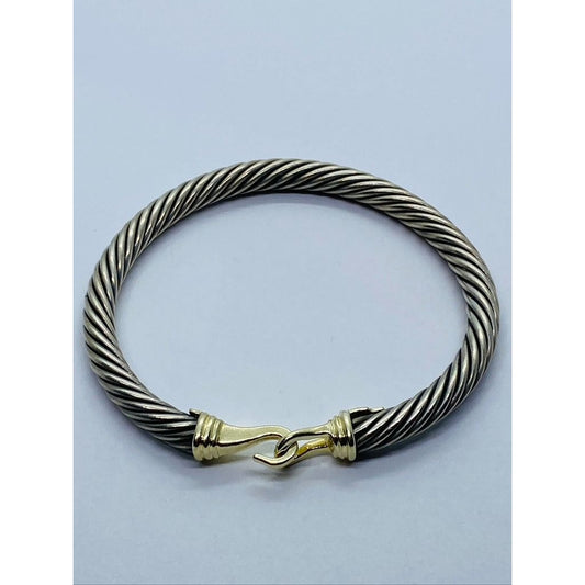 David Yurman Sterling Silver 14k Yellow Gold Hook Cable Buckle Bangle Bracelet 6"
