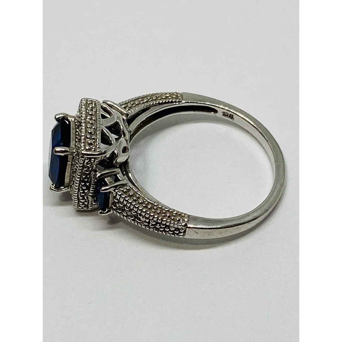 10k White Gold  Blue Sapphire & Diamond Halo Ring Signed FLI Size 6.75