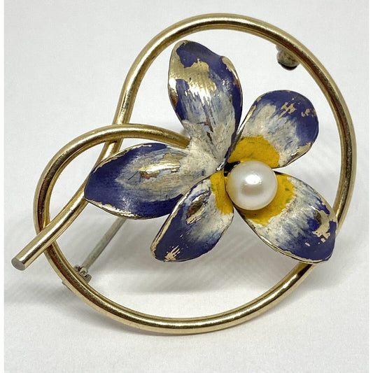 KREMENTZ Pearl Enamel 14K Gold Elegant Purple Floral Pin Brooch 6.2 Grams