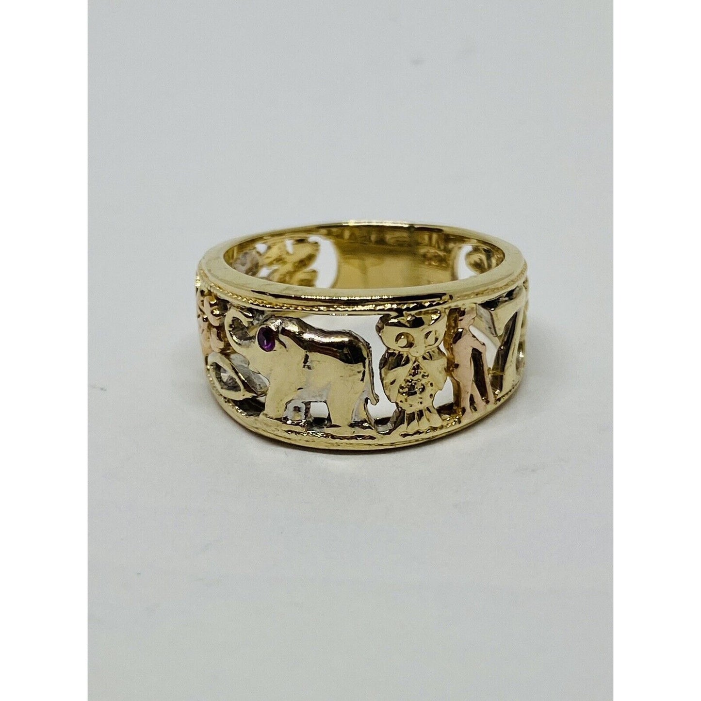 14K Solid Gold 10MM Wide Tri Color Good Luck Lucky Ring.  8.25 Ruby White Topaz