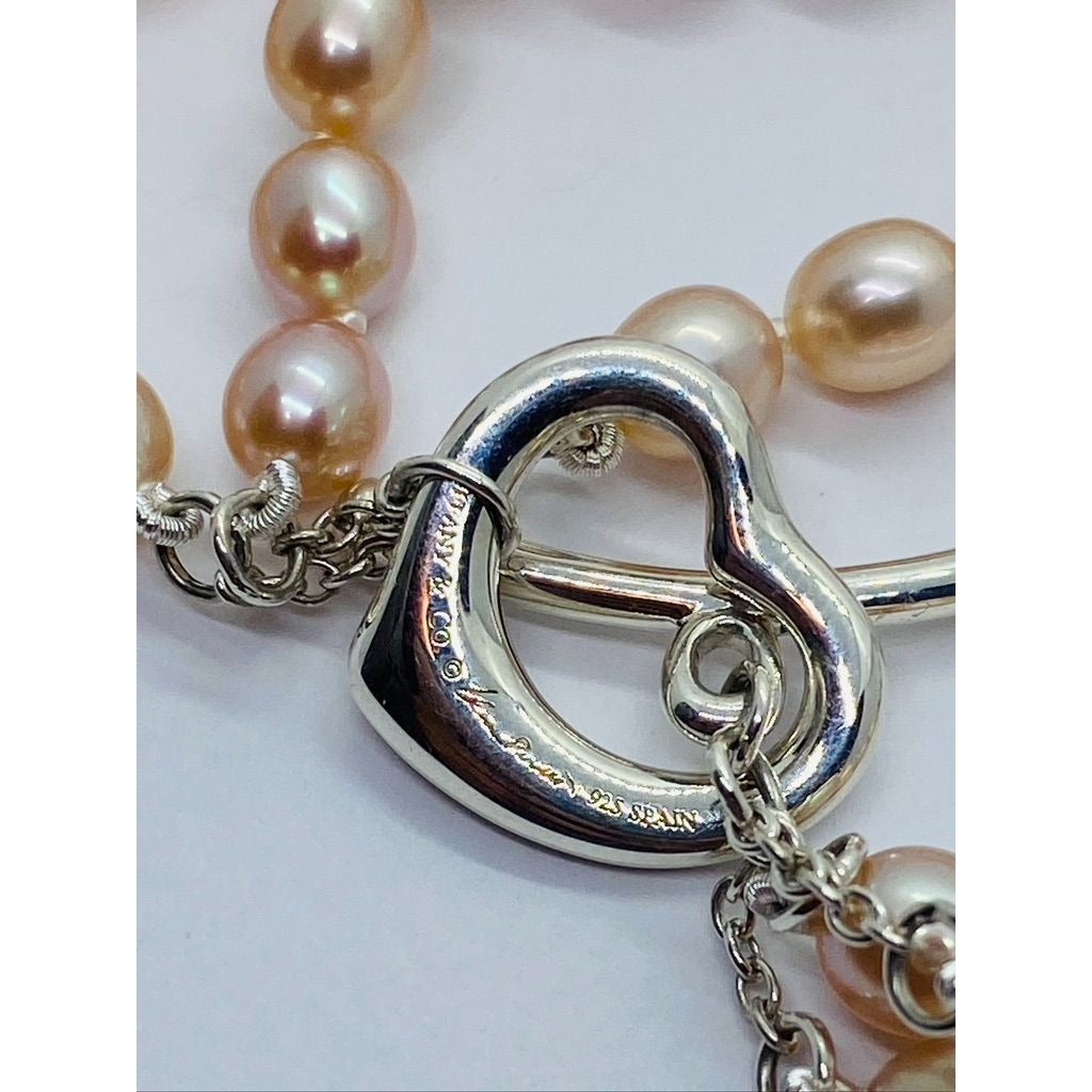 Tiffany & co. Elsa Peretti 3 Row Pink Pearl Heart Silver 925 Bracelet 7.5"