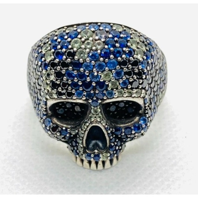 David Yurman Memento Mori Skull Ring Blue Sapphire, Black Diamonds 12.