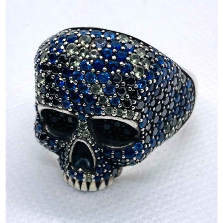 David Yurman Memento Mori Skull Ring Blue Sapphire, Black Diamonds 12.