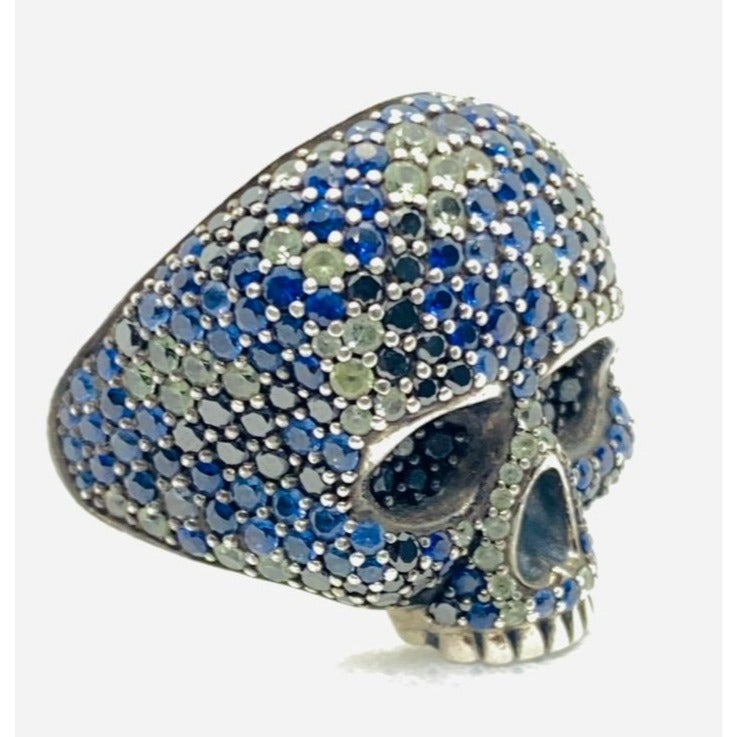 David Yurman Memento Mori Skull Ring Blue Sapphire, Black Diamonds 12.