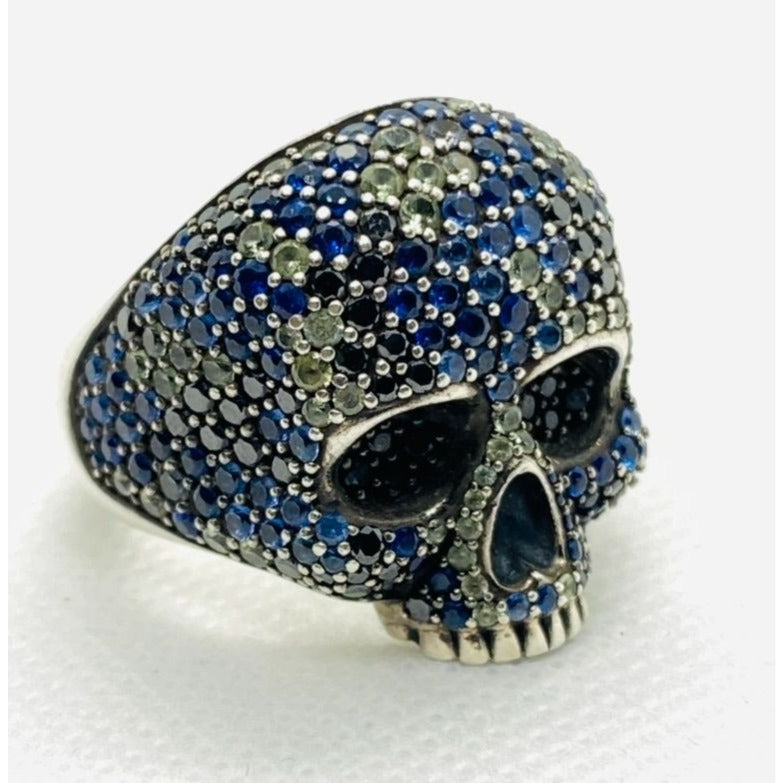 David Yurman Memento Mori Skull Ring Blue Sapphire, Black Diamonds 12.
