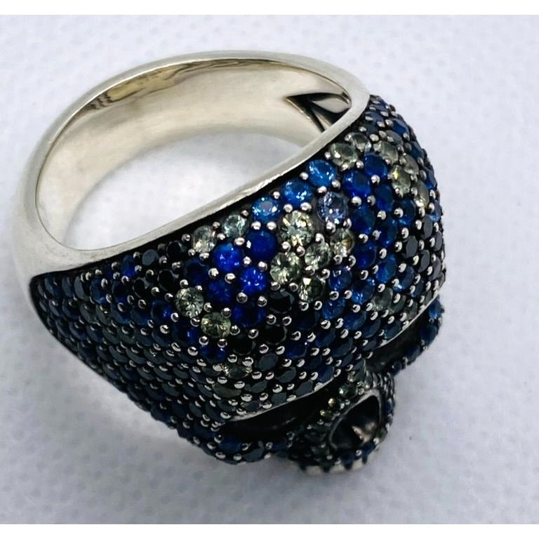 David Yurman Memento Mori Skull Ring Blue Sapphire, Black Diamonds 12.